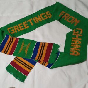 2 MULTI-COLOR SCARVES.  GREETINGS FROM GHANA NECK SCARF AND WOVEN KENTI CLOTH